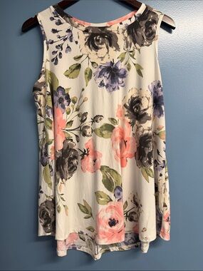 Floral Sleeveless Tank Top - White with Pink & Purple Blooms